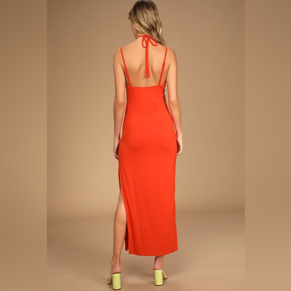 NWT Lulu’s Dress Hot Temps Red Orange Halter Midi Dress Size XS - Picture 3 of 6